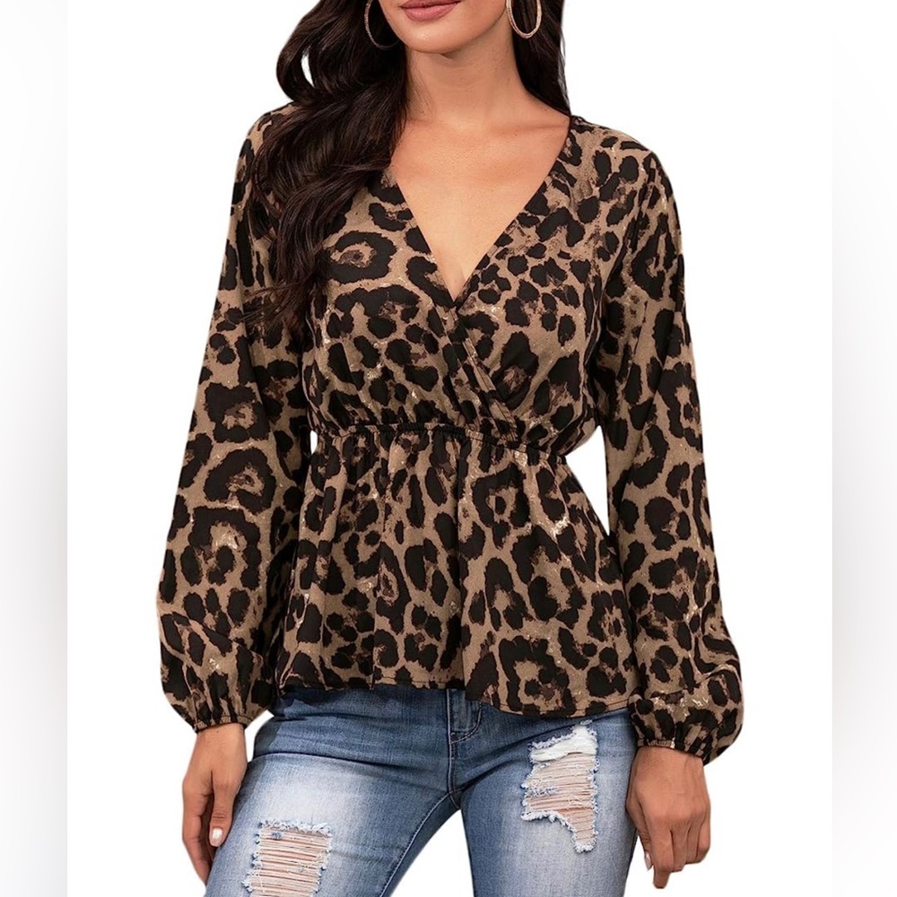SHEIN LUNE Leopard Print Surplice Front Peplum Blouse